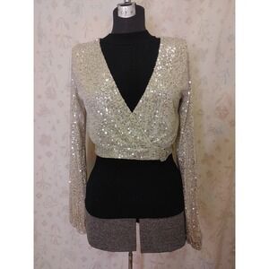 Sequin V Neck Top Women's Medium Gold Long Balloon Sleeve‎ Holiday Party Zip In